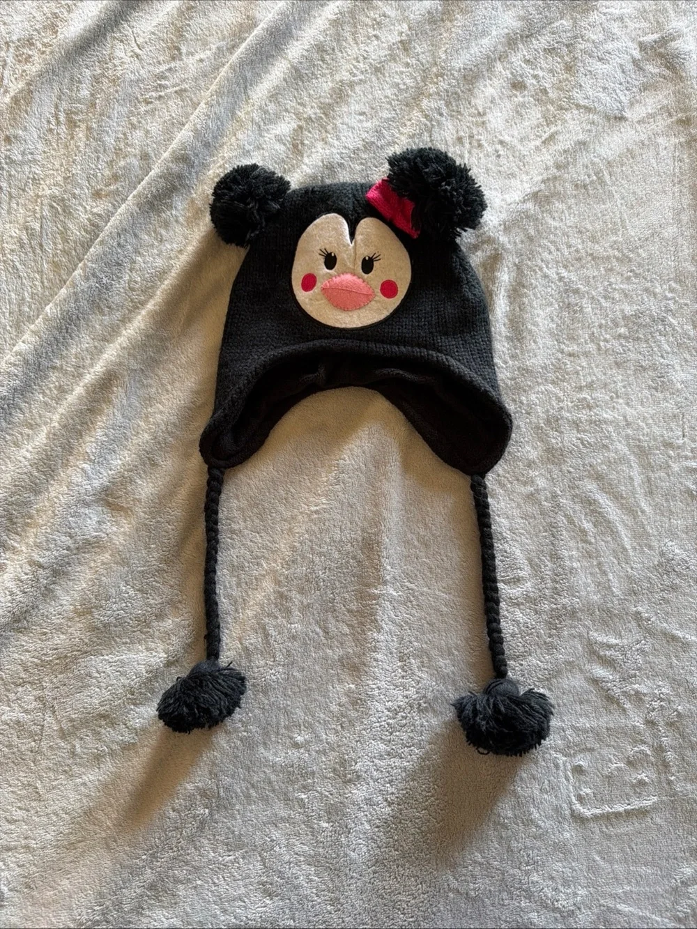 Penguin Character Black Fleece Lined Pom Pom Earflap Winter Hat One Size